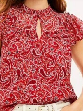 LOFT Red Paisley Ruffle Sleeve Mixed Media Top Red Small